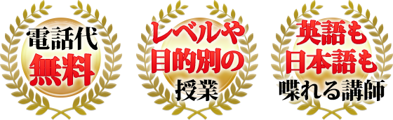 電話代無料・レベルや目的別の授業・英語も日本語も喋れる講師